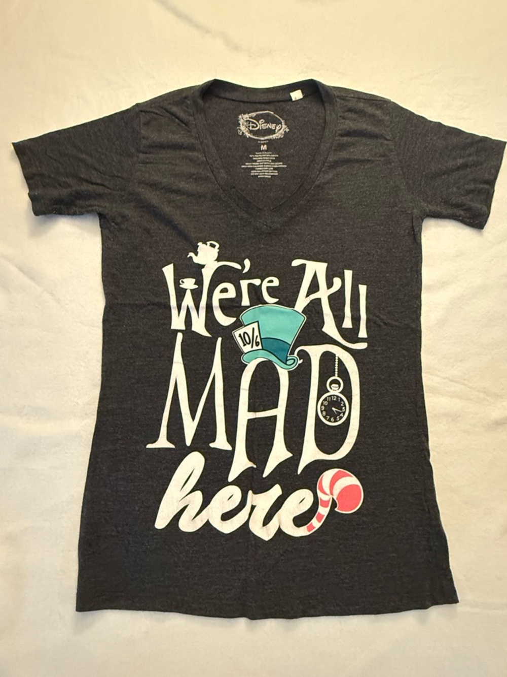 Disney Charcoal 'We're All Mad Here' Alice & Wonderland T shirt medium